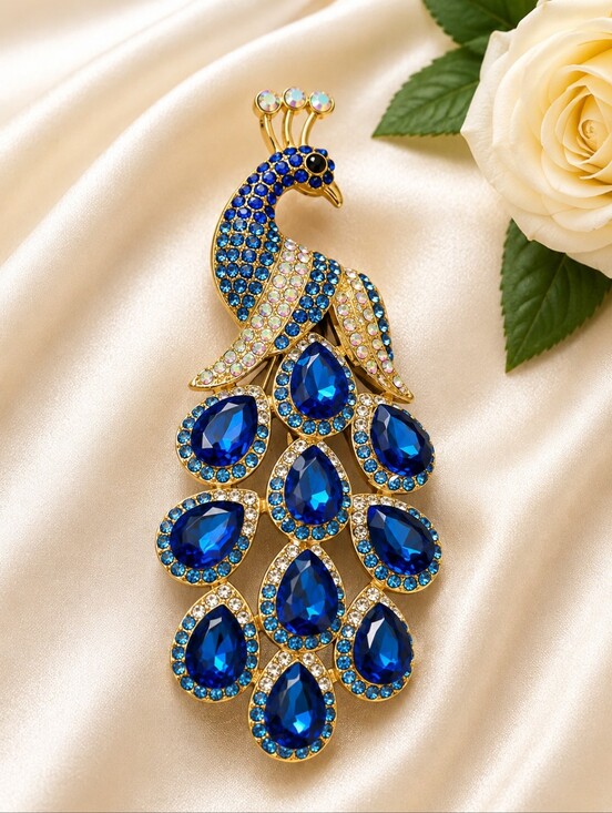 Jewelry - Blue Rhinestone Peacock Brooch Pin | Gold Tone Statement Jewelry